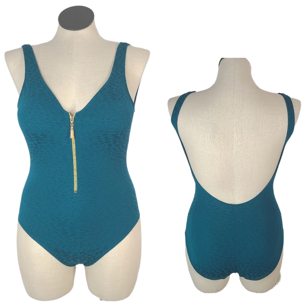 90s Vintage 10 Teal Blue Low Back One Piece Swimsuit